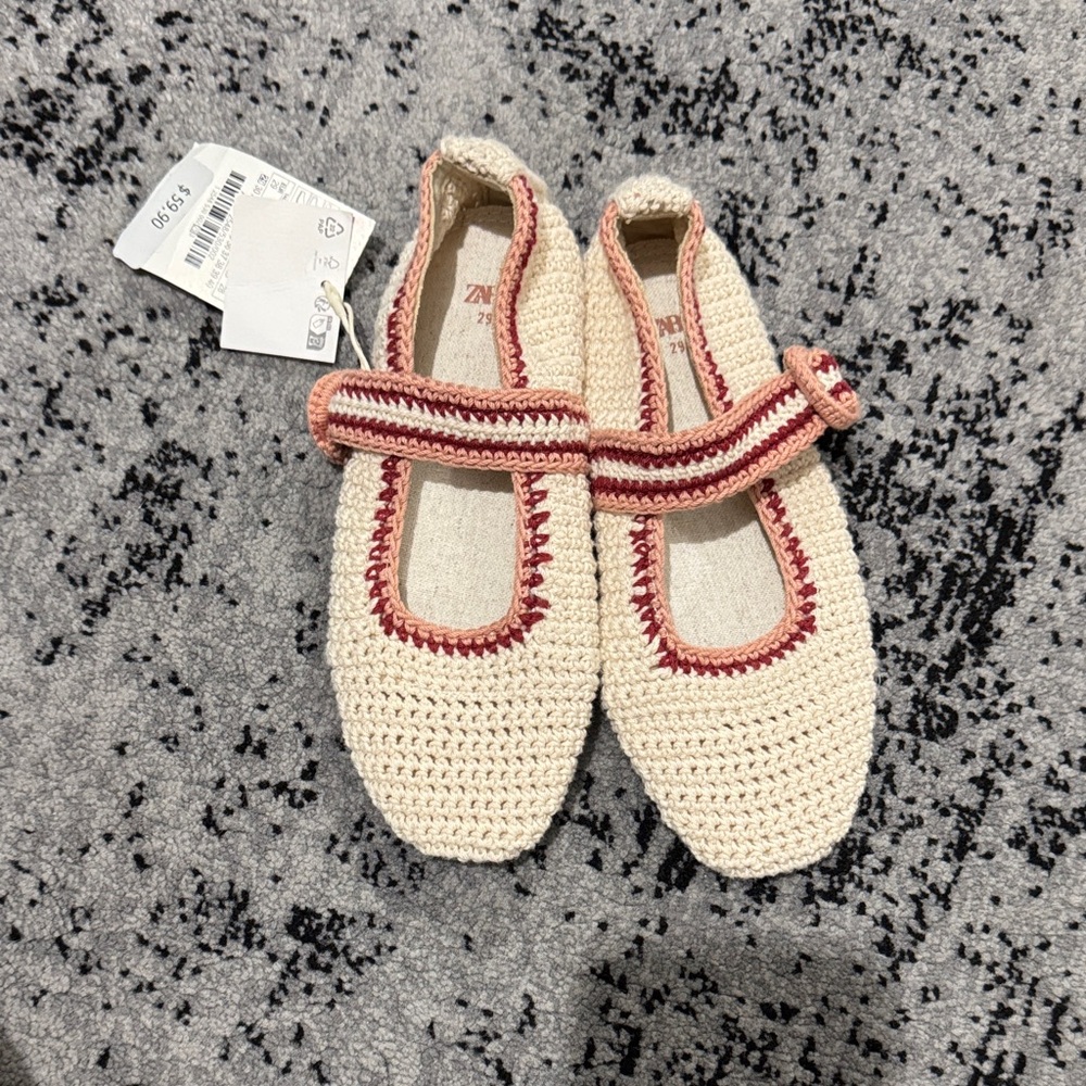 Zara Cream Crochet Mary Jane Shoes with Pink Trim